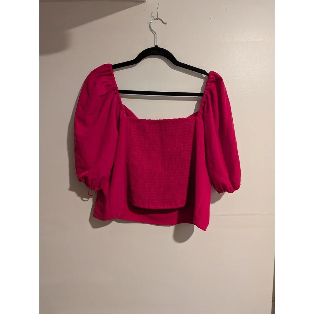 Abercrombie & Fitch Blouse Womens XL Pink Puff Sleeve Smocked Sweetheart Top